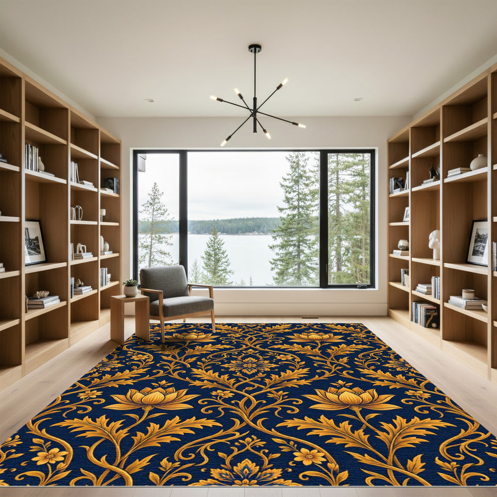 Elegant Gold Lotus Navy Damask Scroll Rug