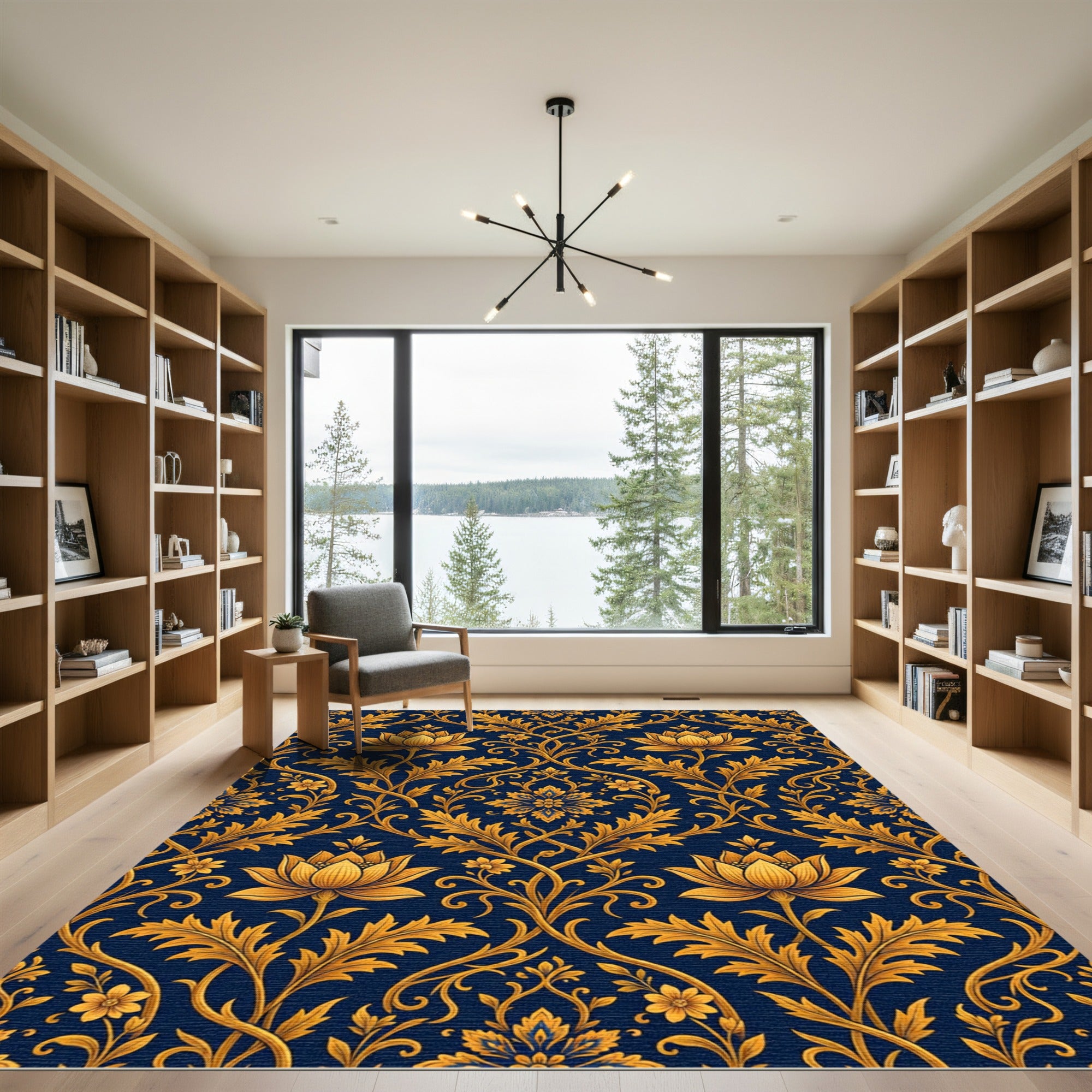 Elegant Gold Lotus Navy Damask Scroll Rug