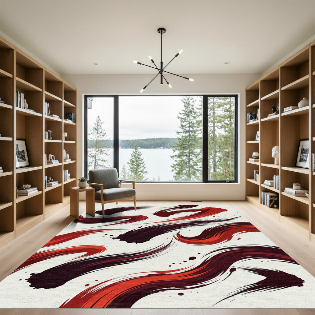 Bold Crimson Abstract Fluid Swirl Rug