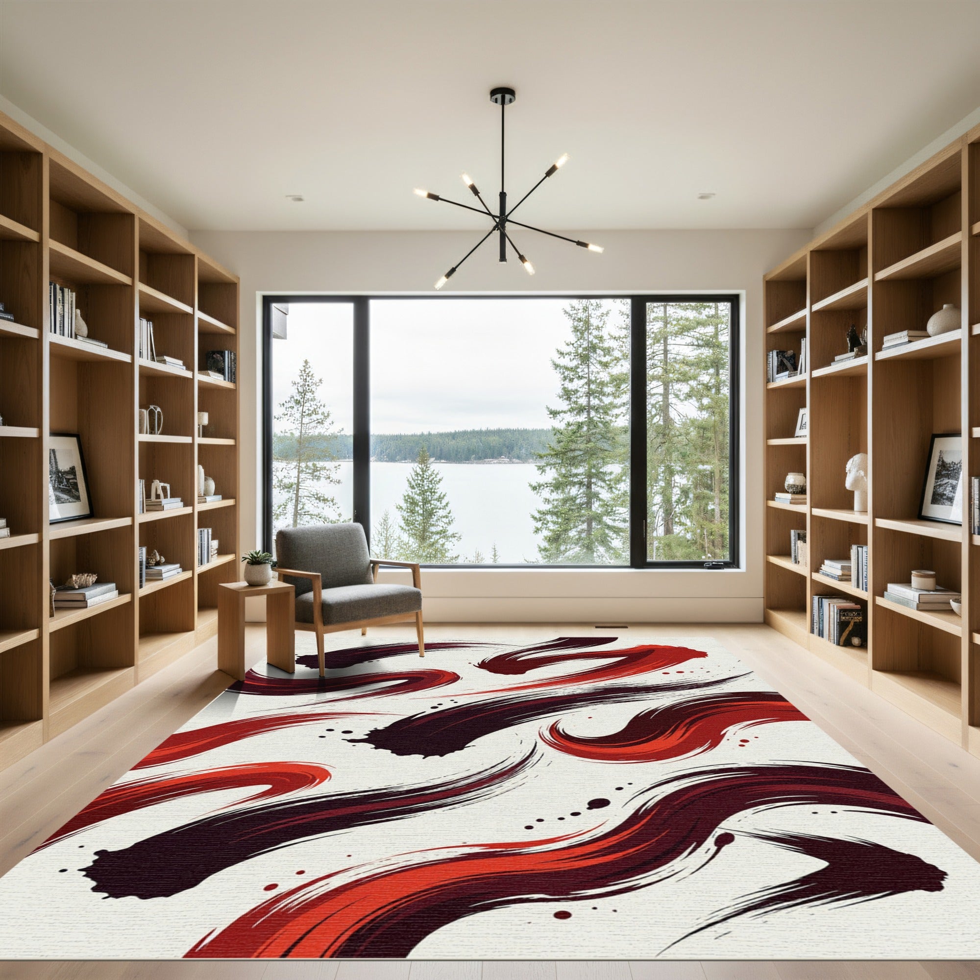 Bold Crimson Abstract Fluid Swirl Rug