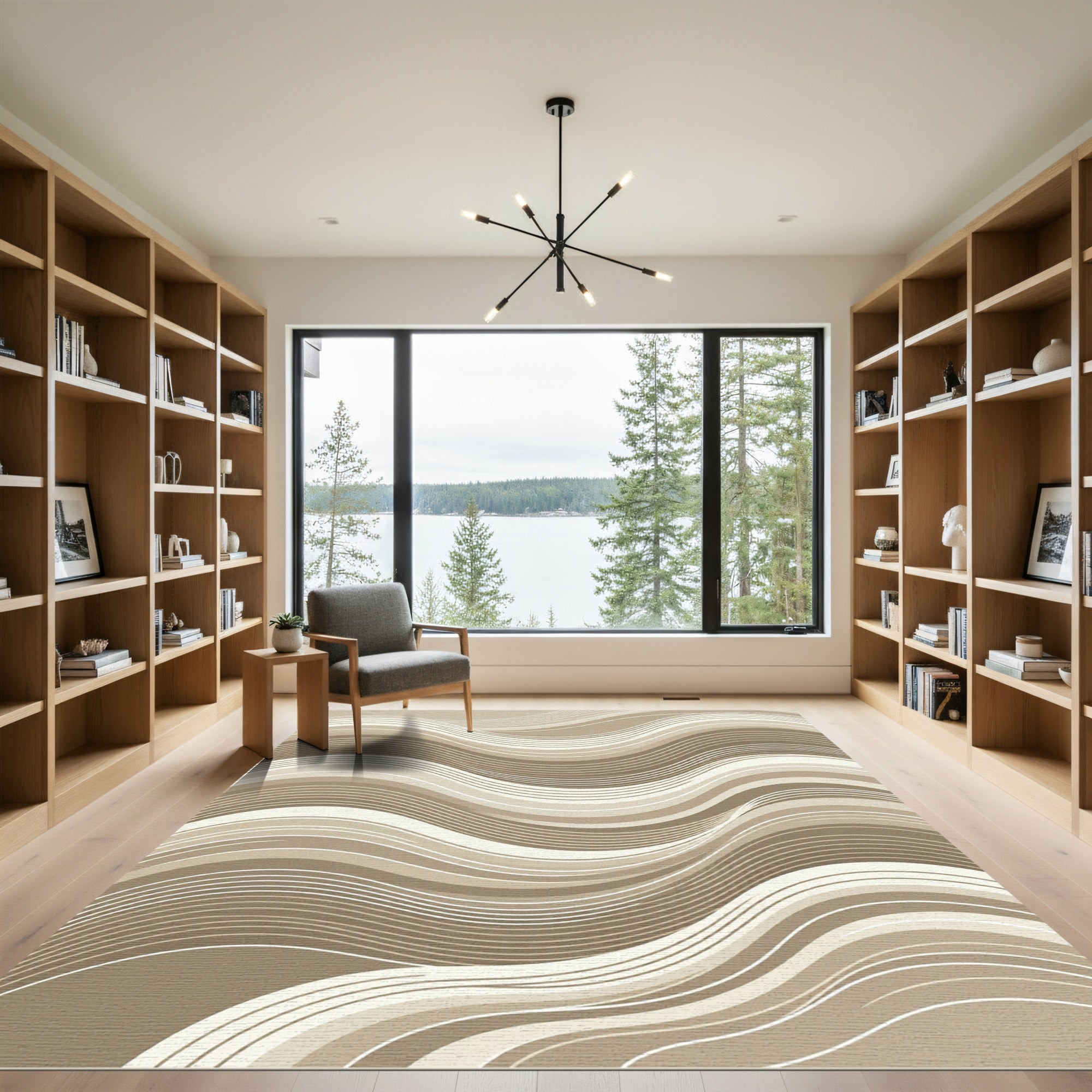Modern Neutral Wavy Linear Wave Area Rug