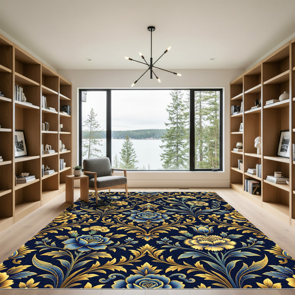 Golden Floral Damask Navy Blue Rug