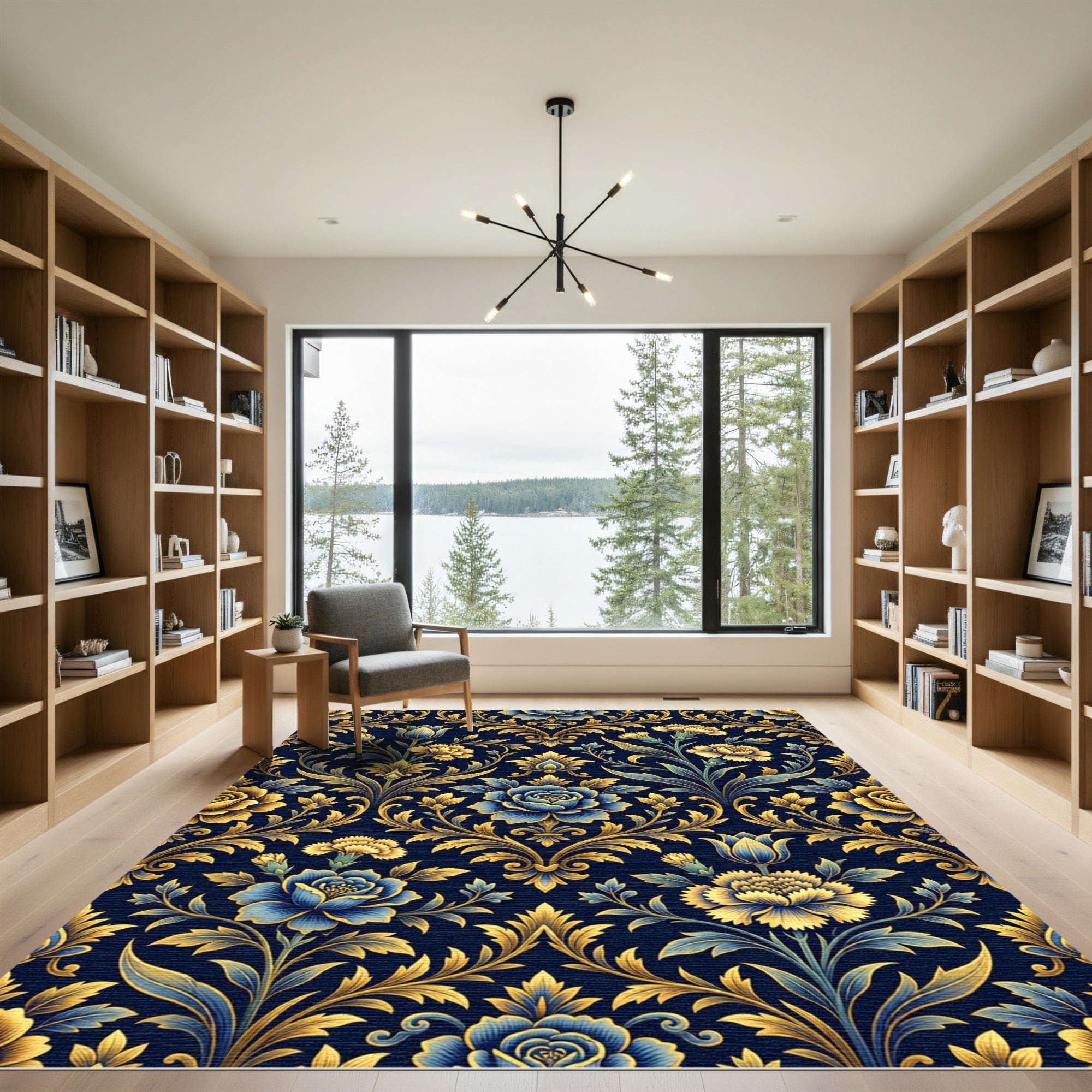 Golden Floral Damask Navy Blue Rug