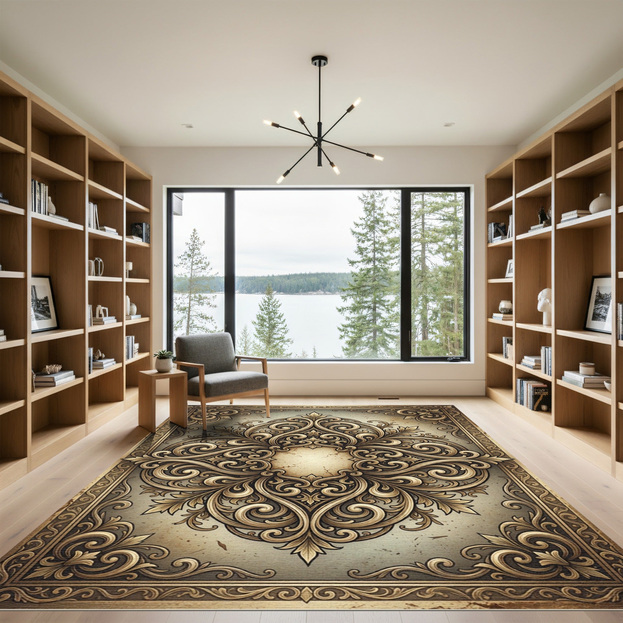 Ornate Golden Scrollwork Medallion Rug