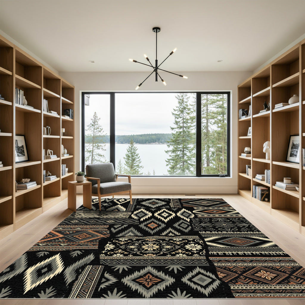 Geometric Tribal Patchwork Black Tan Rug