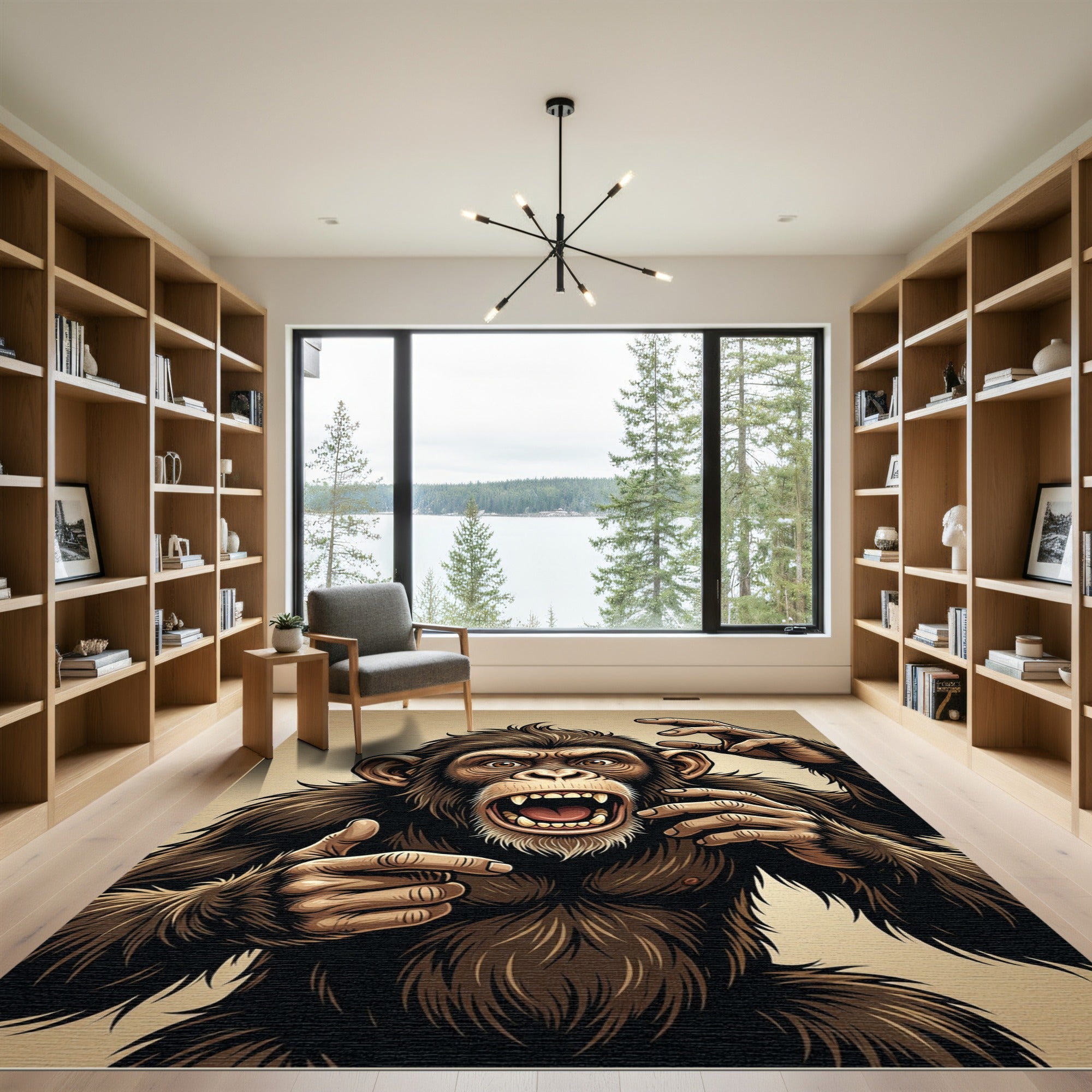 Aggressive Brown Primate Illustration Art Rug