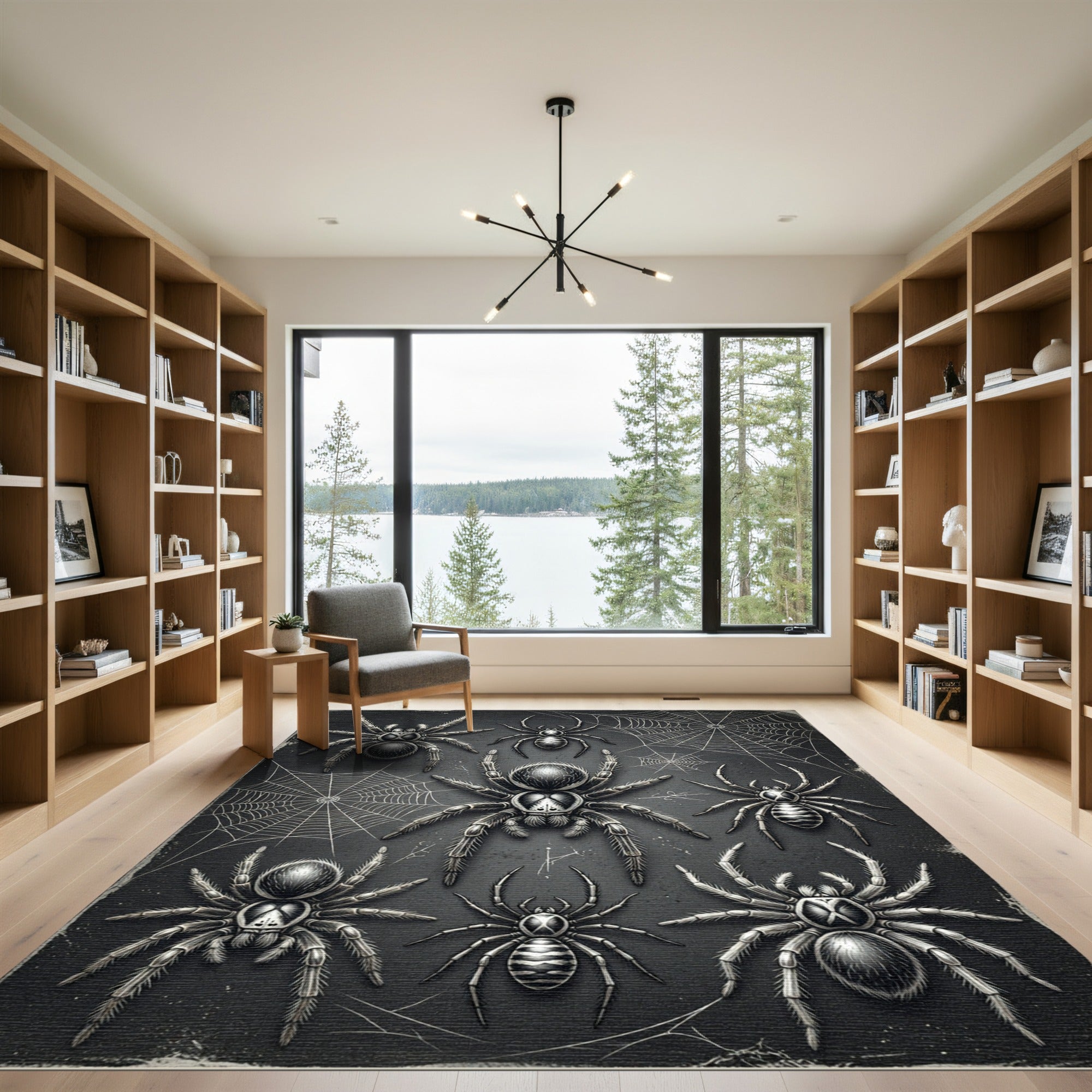 Gothic Monochrome Spider Web Ink Illustration Rug