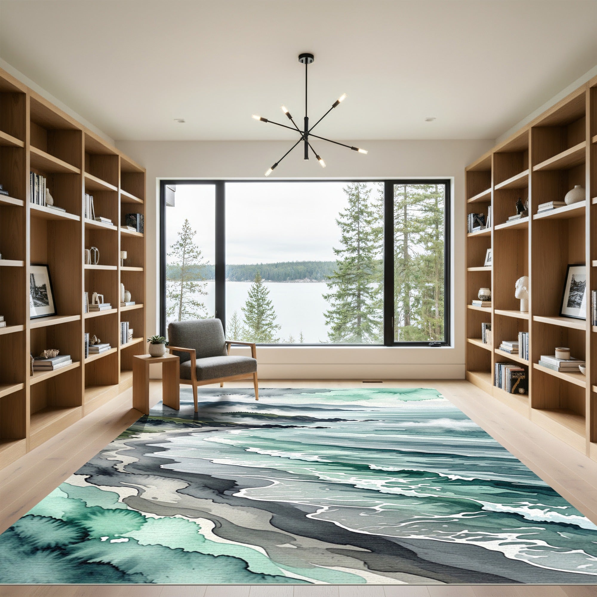 Misty Coastal Mountain Watercolor Landscape Rug