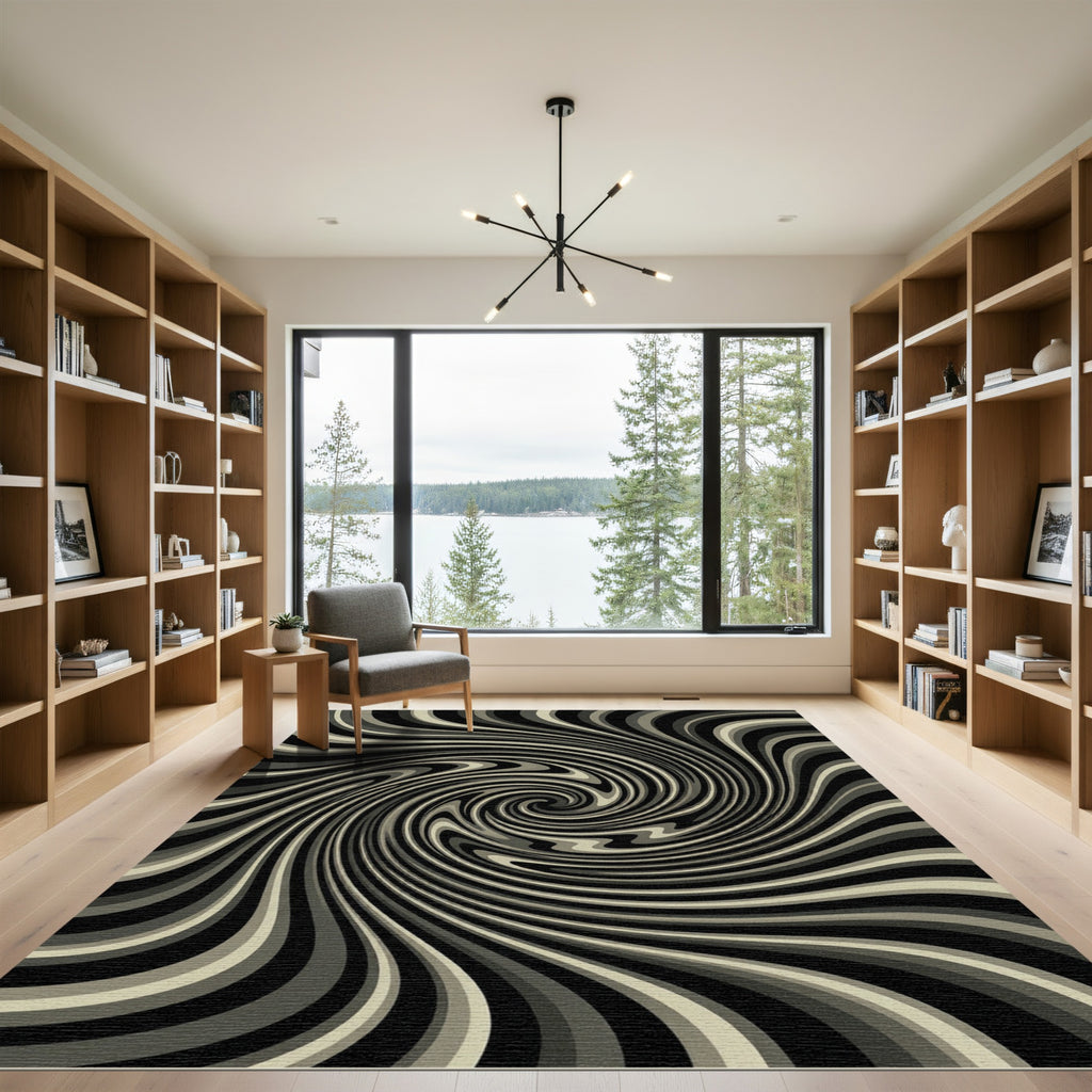 Monochromatic Swirl Optical Illusion Rug