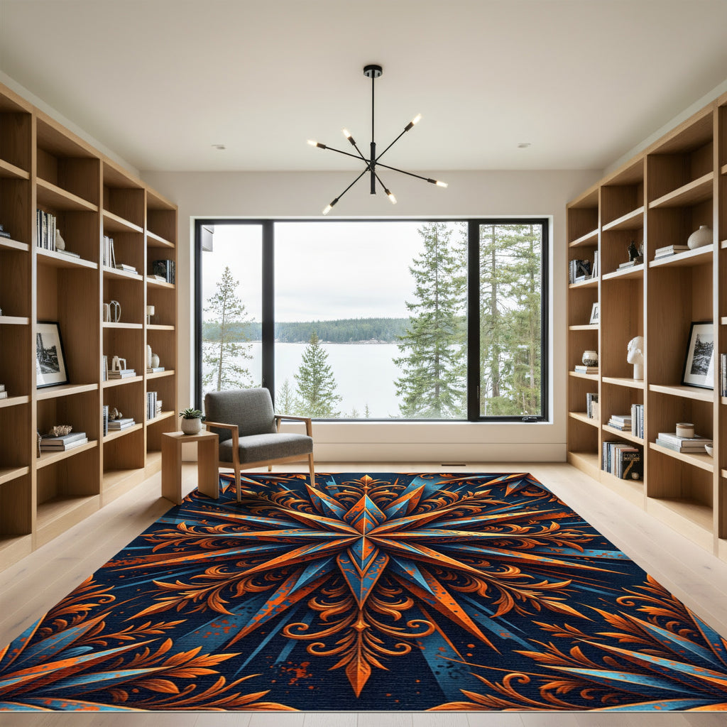 Deep Blue Orange Starburst Foliage Rug