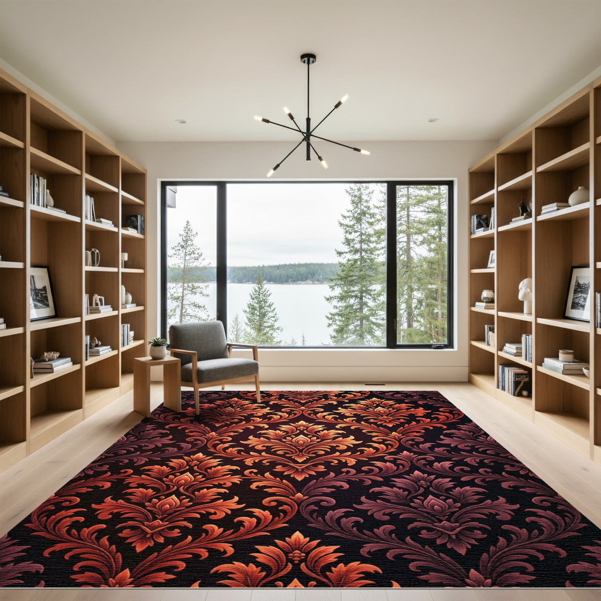 Ornate Burnt Orange Damask Scroll Rug