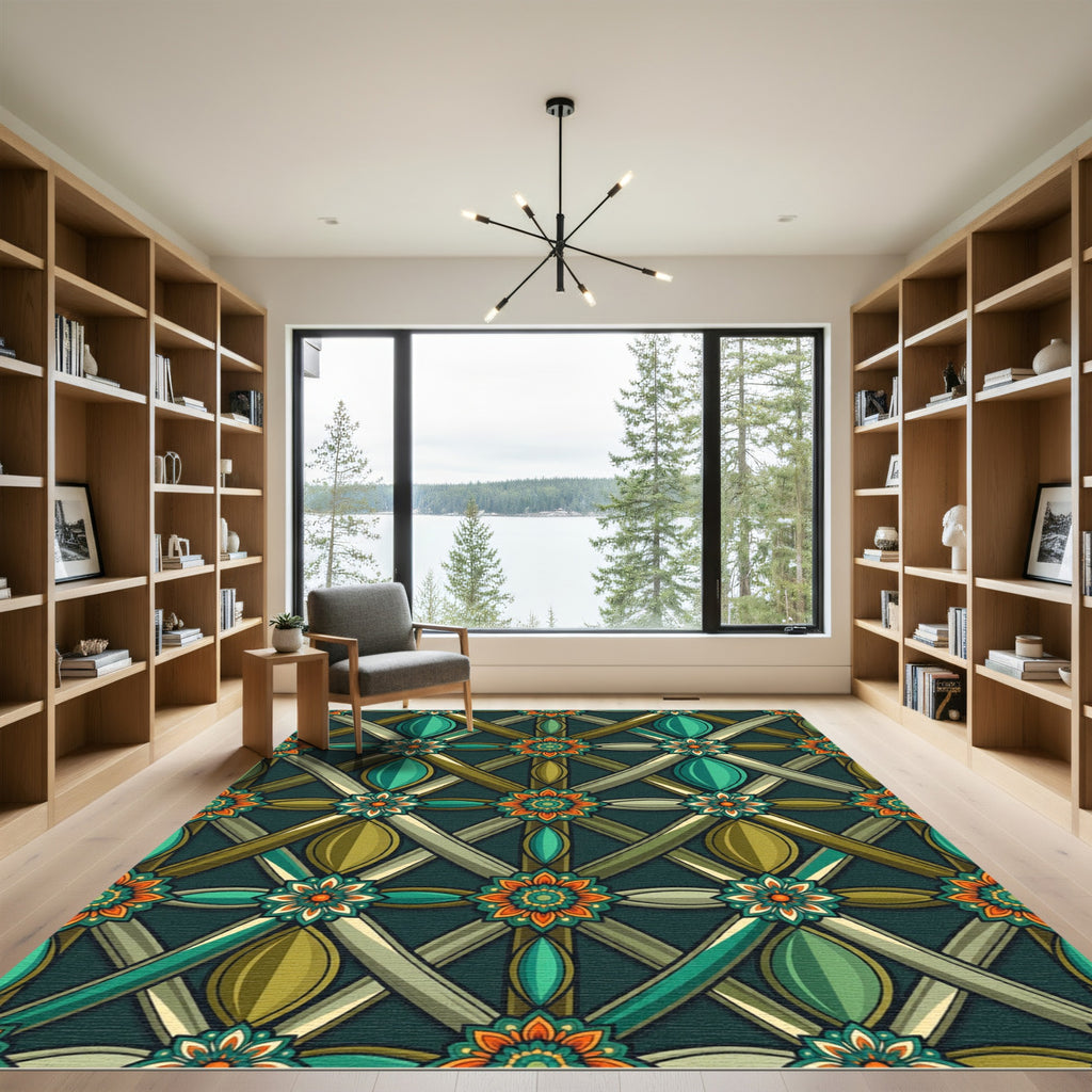 Ornate Teal and Olive Geometric Bloom Rug