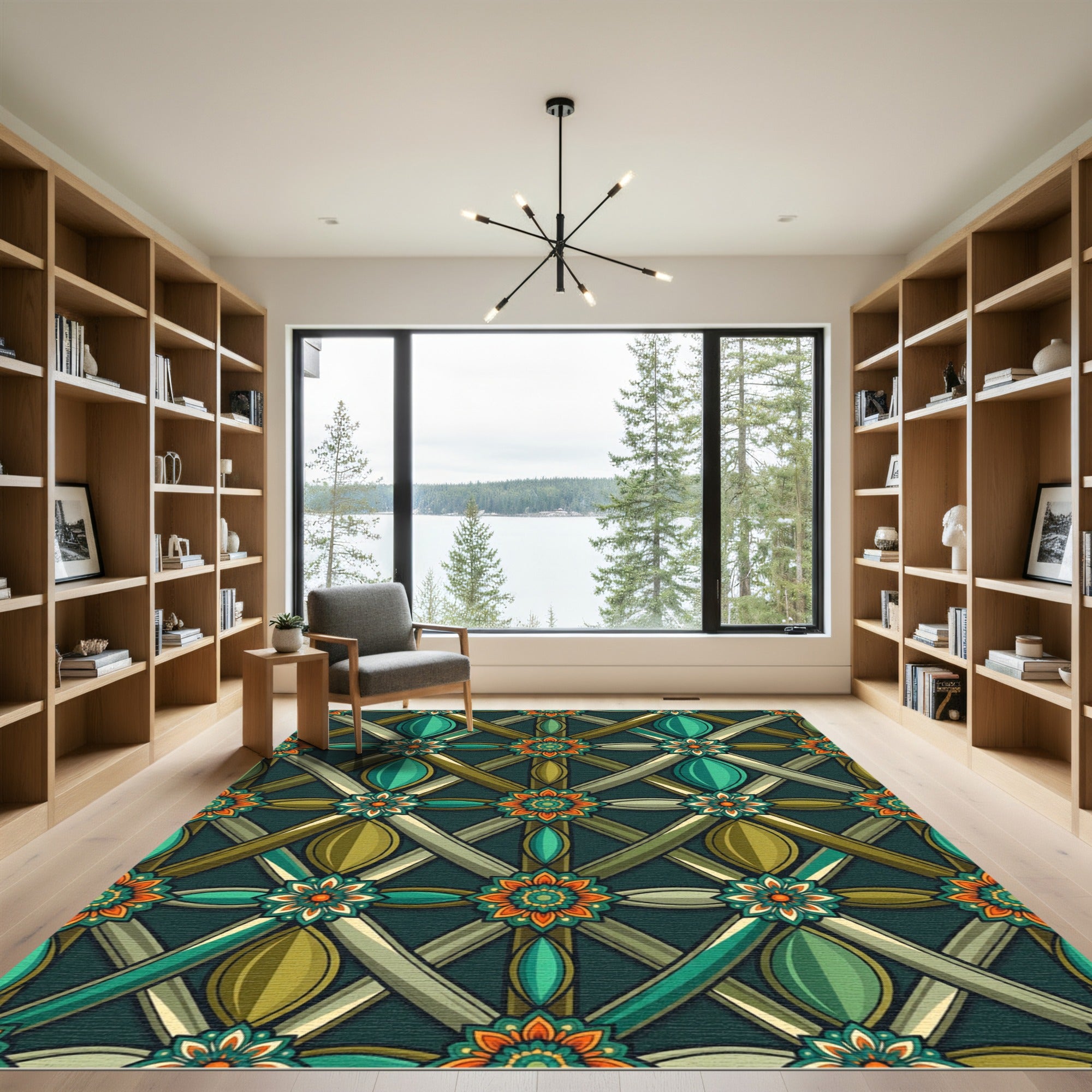 Ornate Teal and Olive Geometric Bloom Rug