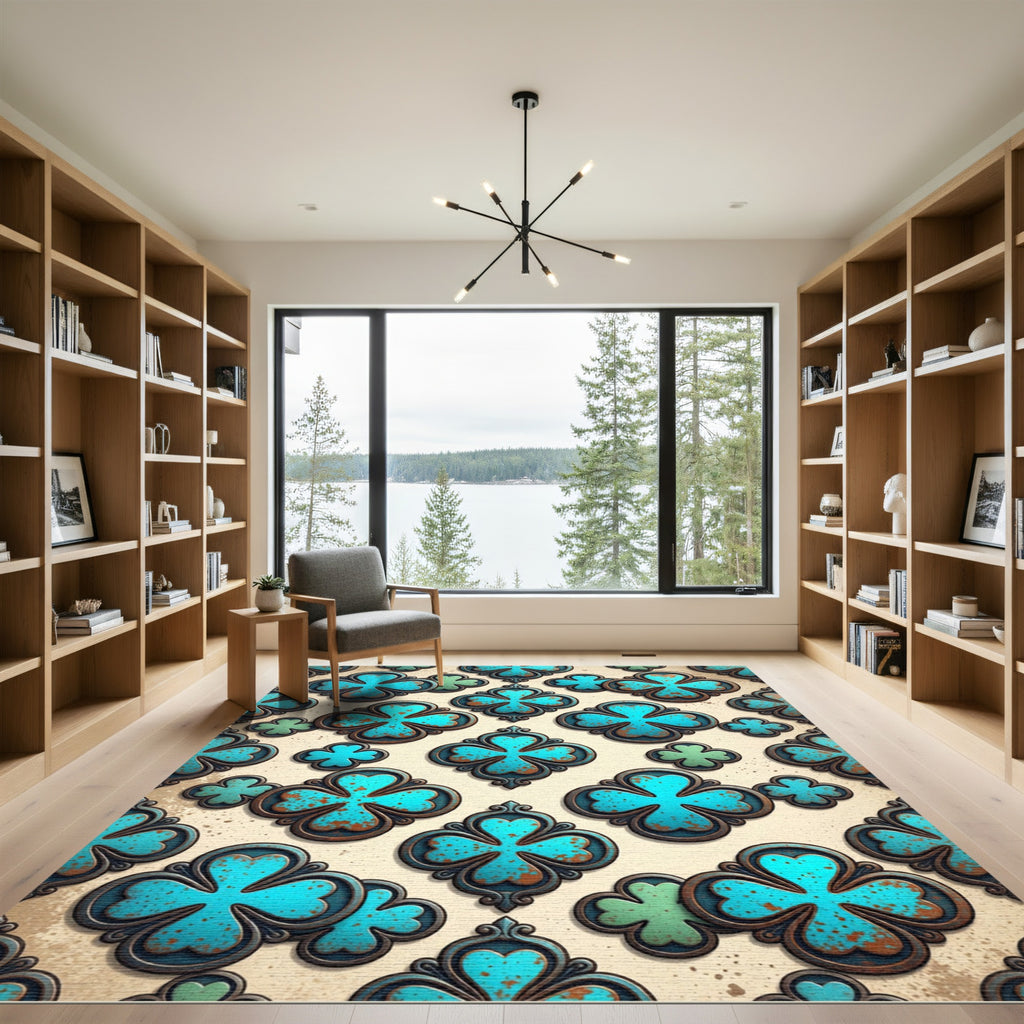 Aged Teal Quatrefoil Clover Medallion Rug