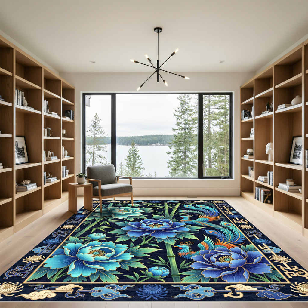 Azure Peony Phoenix Bamboo Garden Rug