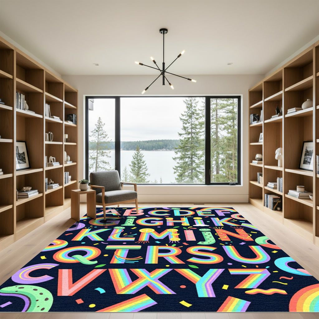 Vibrant Rainbow Alphabet Whimsical Typographic Art Rug