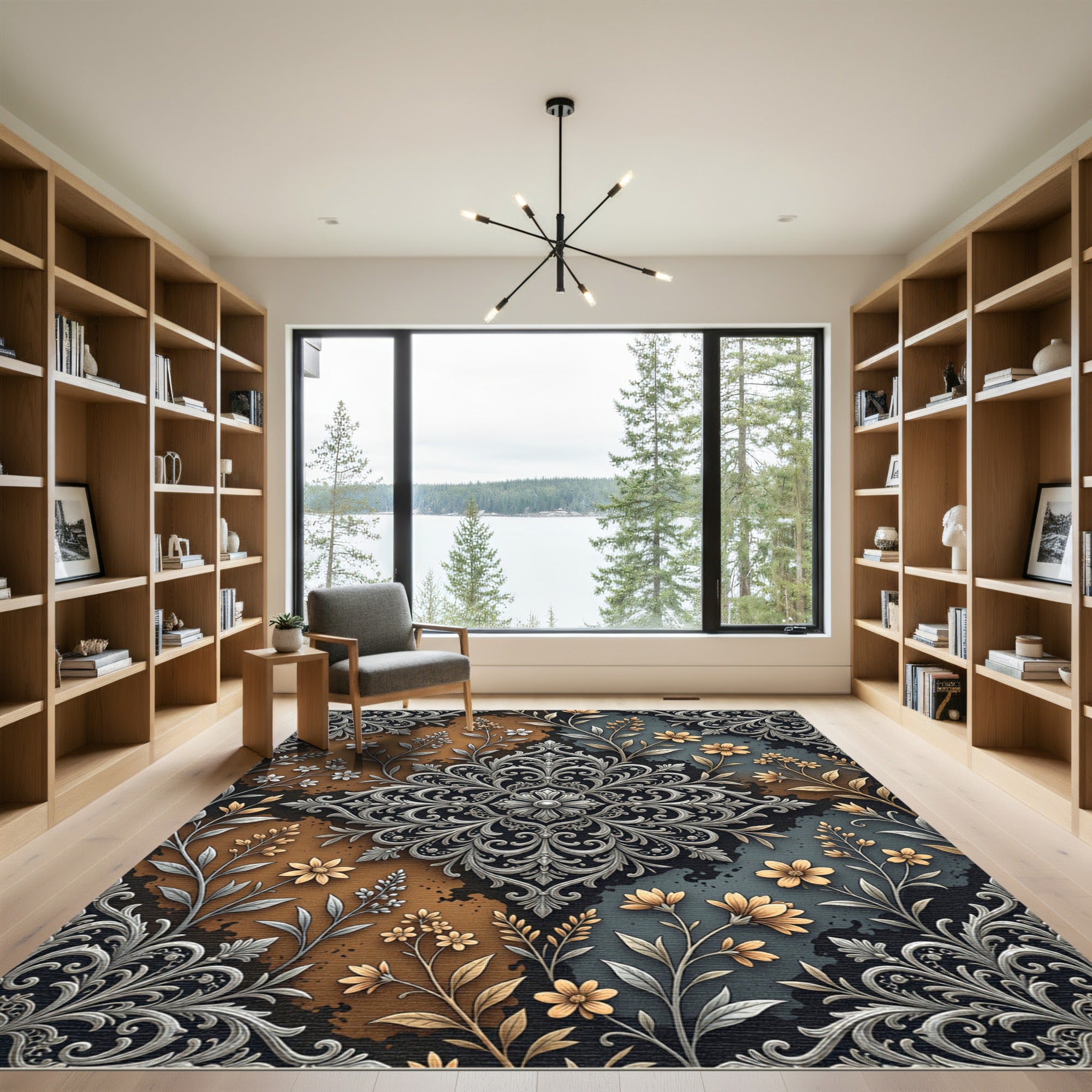 Ornate Silver Floral Medallion Ochre Gray Rug