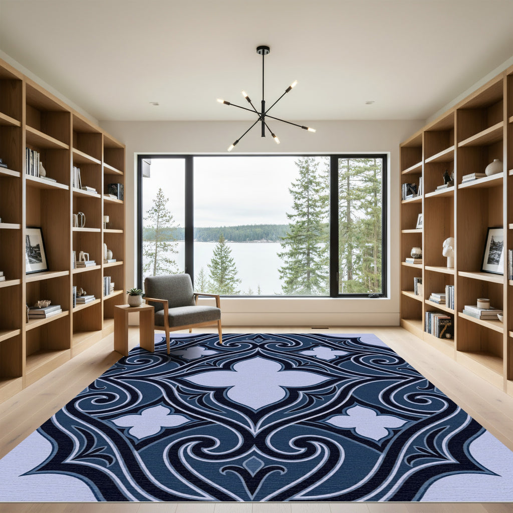 Midnight Navy Damask Quatrefoil Scroll Rug