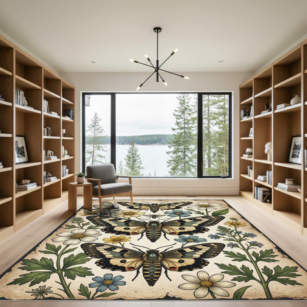 Whimsical Muted Floral Butterfly Garden Rug