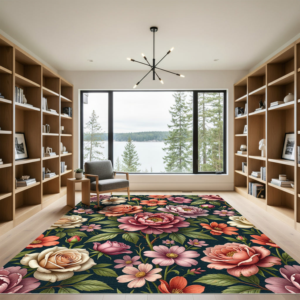 Ornate Pink Floral Dark Botanical Rug