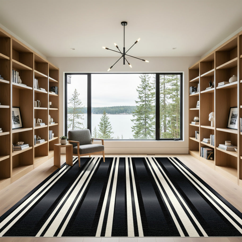 Modern Monochrome Vertical Pinstripe Striped Rug