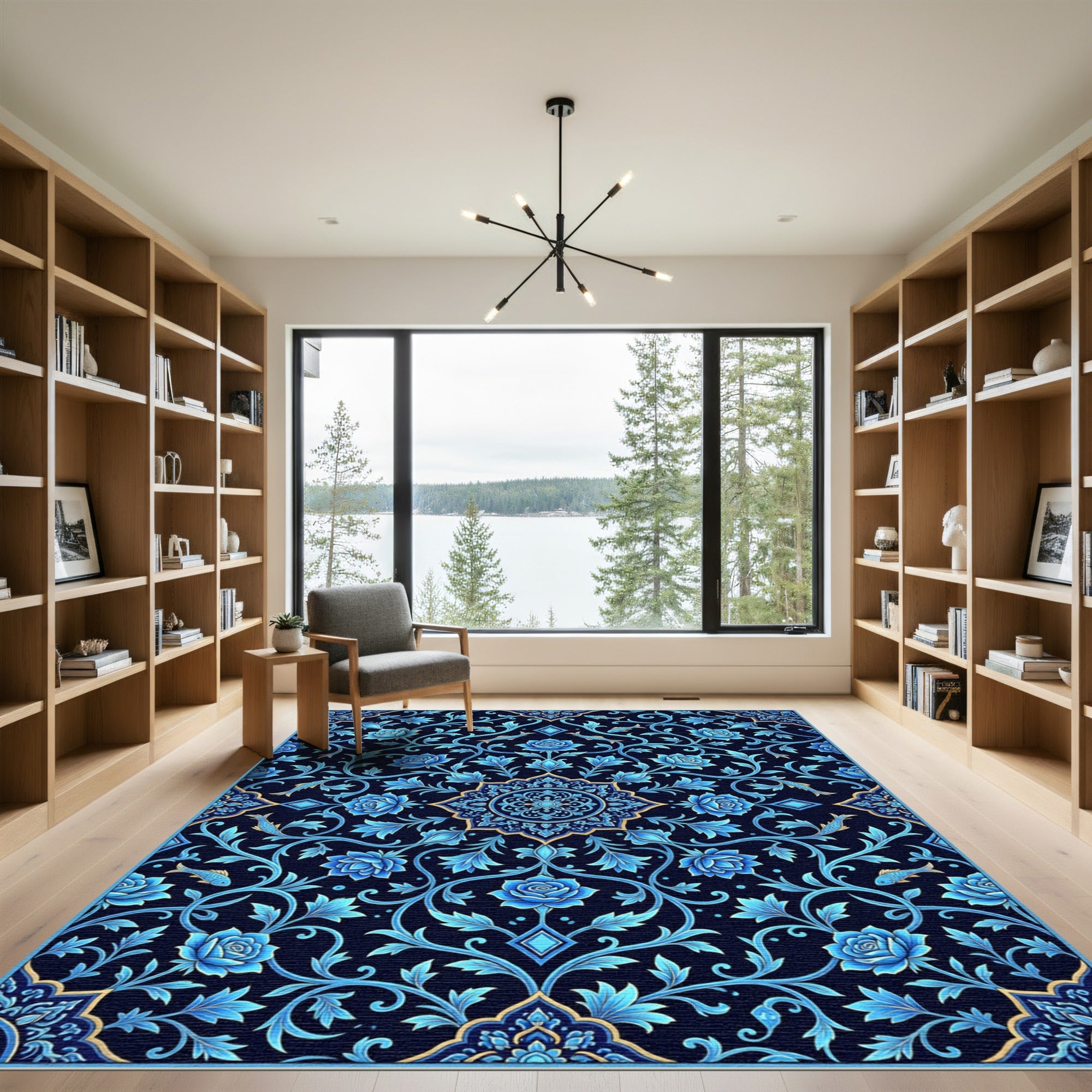 Deep Blue Floral Fish Mandala Rug