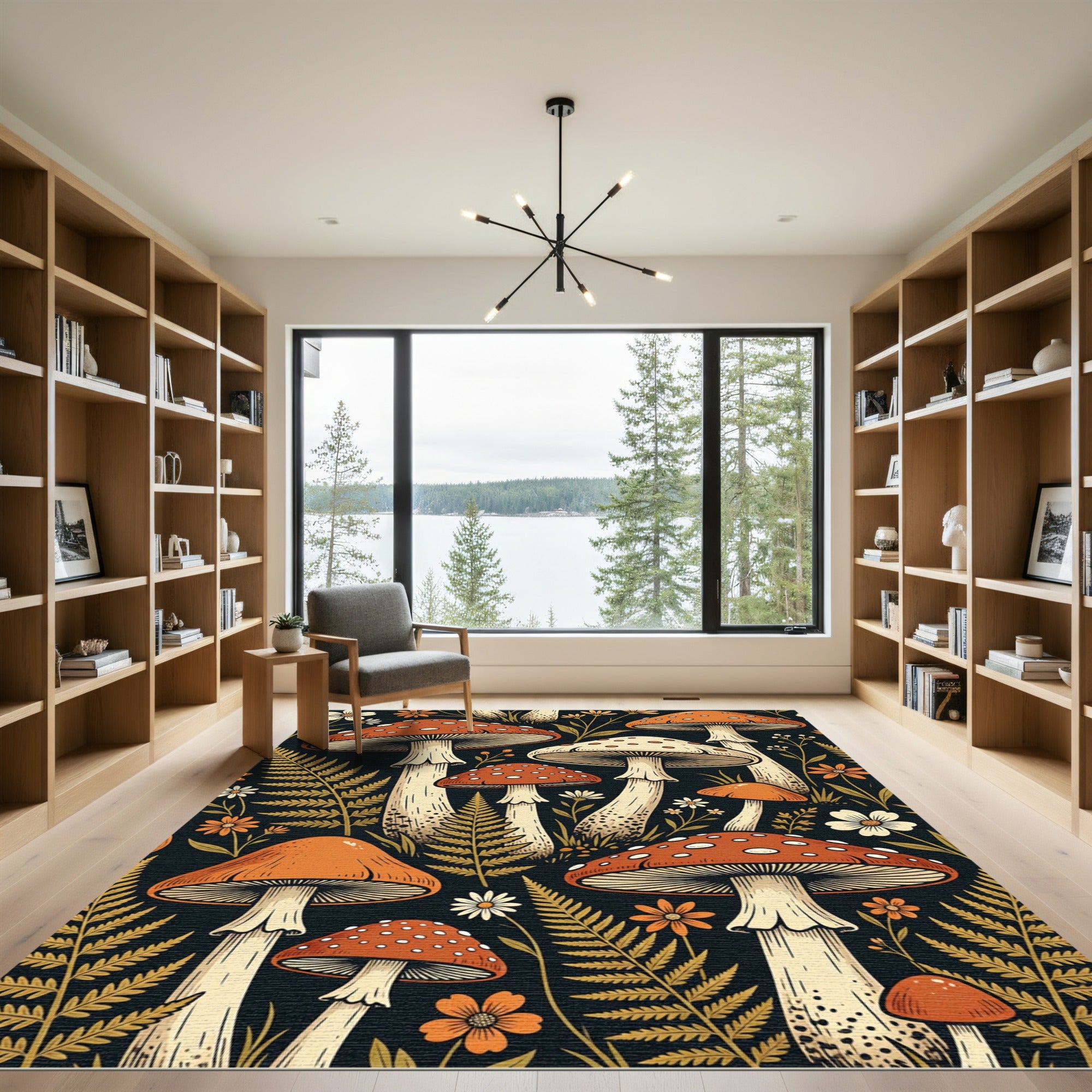 Retro Orange Mushroom Forest Foliage Rug