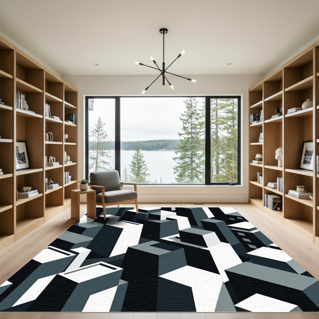 Monochrome Geometric Cityscape Blocks Rug