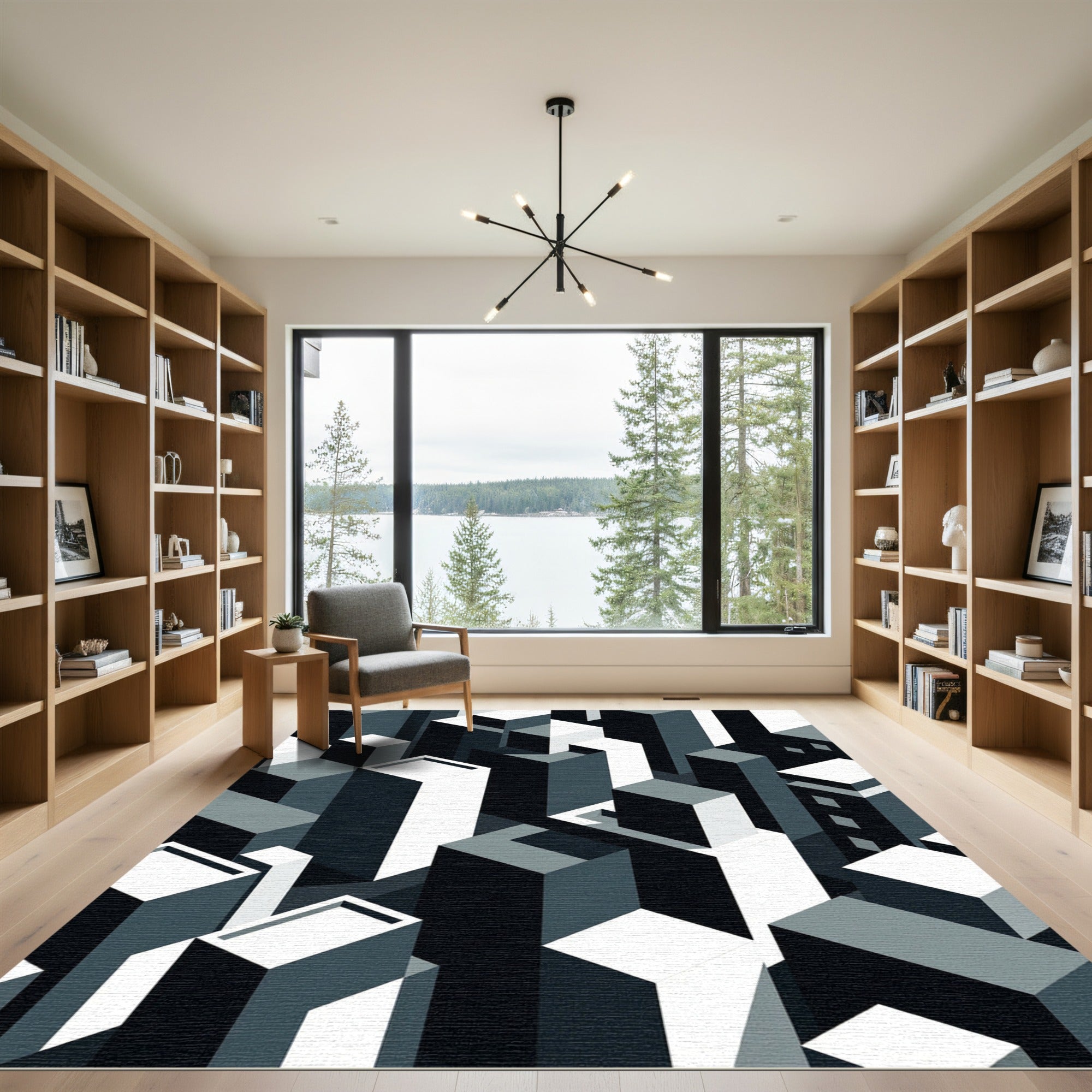 Monochrome Geometric Cityscape Blocks Rug