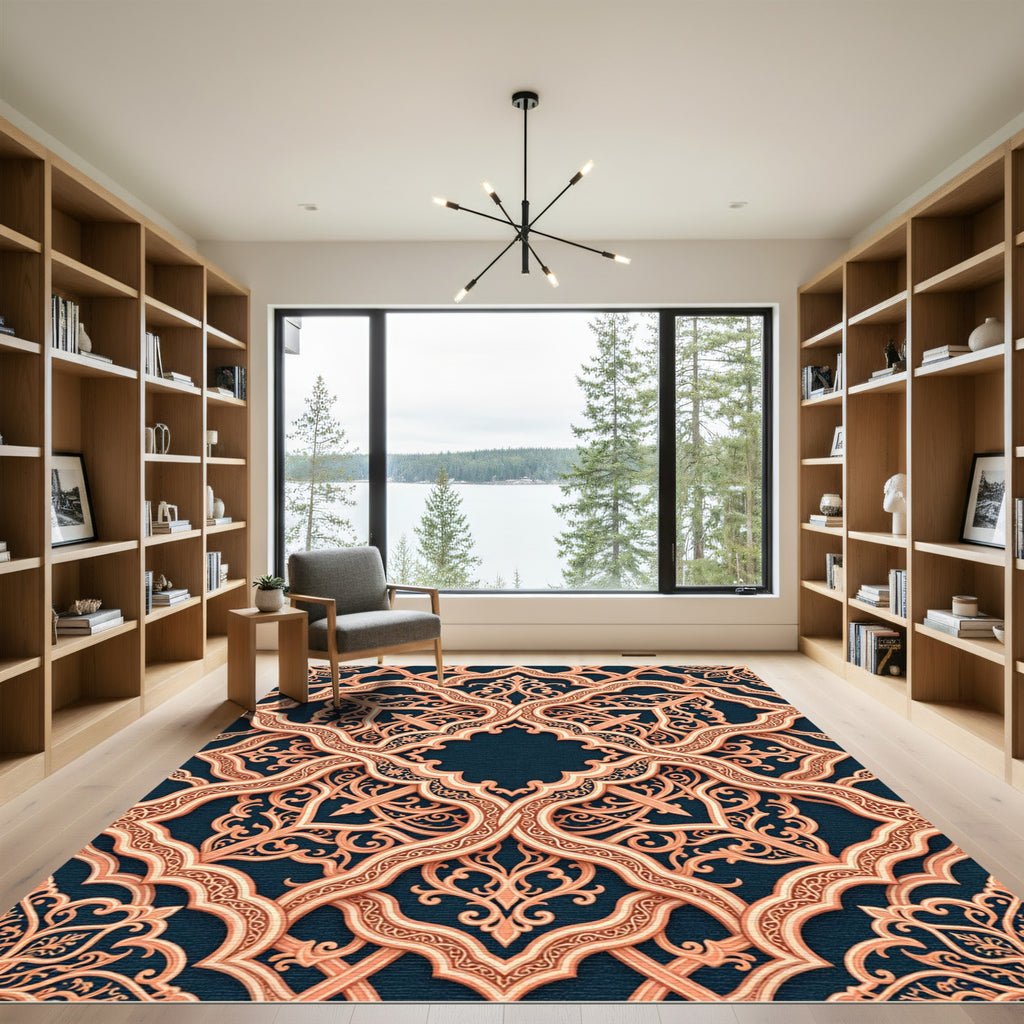 Intricate Peach Damask Filigree Medallion Rug