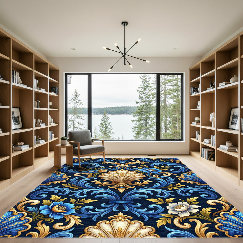Blue Gold Floral Acanthus Scroll Rug