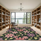 Mauve Pink Floral Vine Over Black Rug