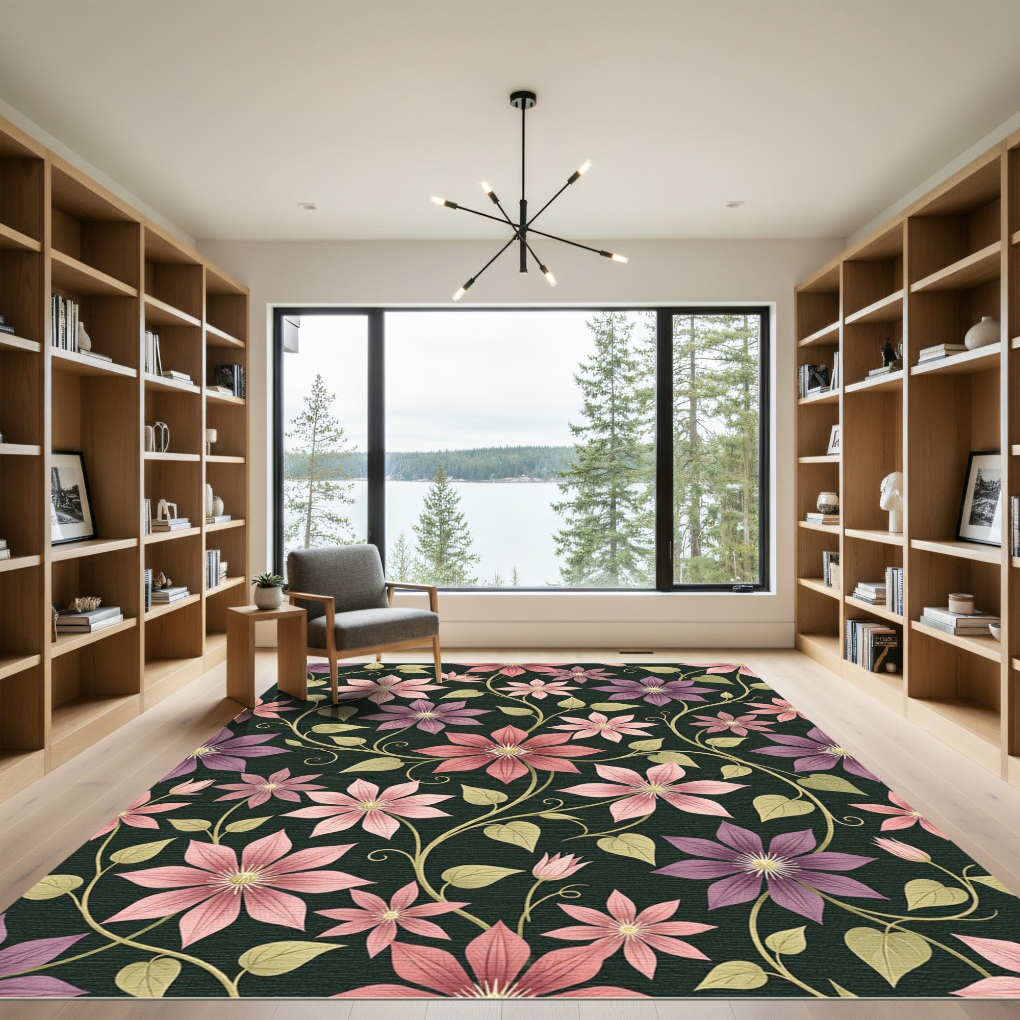Mauve Pink Floral Vine Over Black Rug