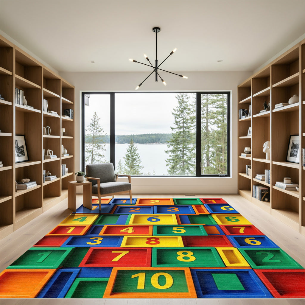 Vibrant Multicolor Geometric Number Grid Room Rug