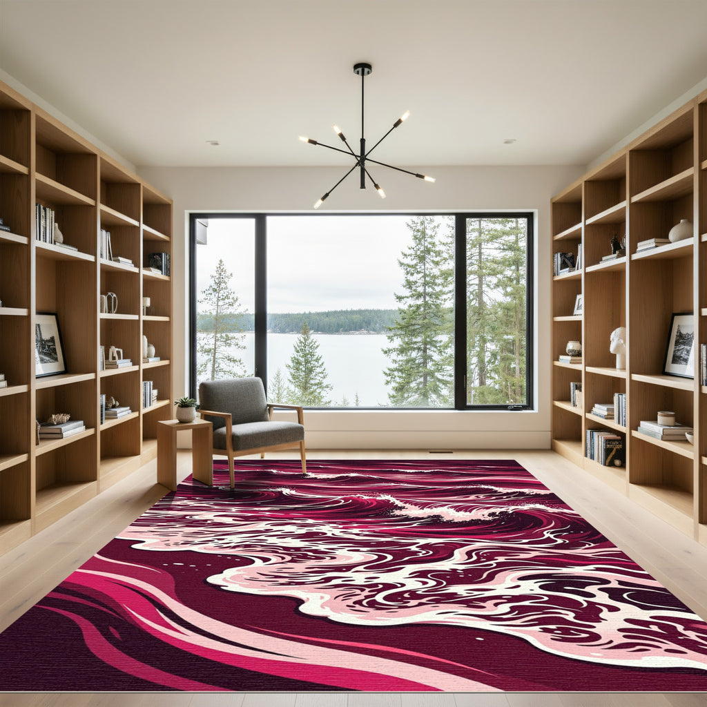 Crimson Ocean Waves Swirl Rug