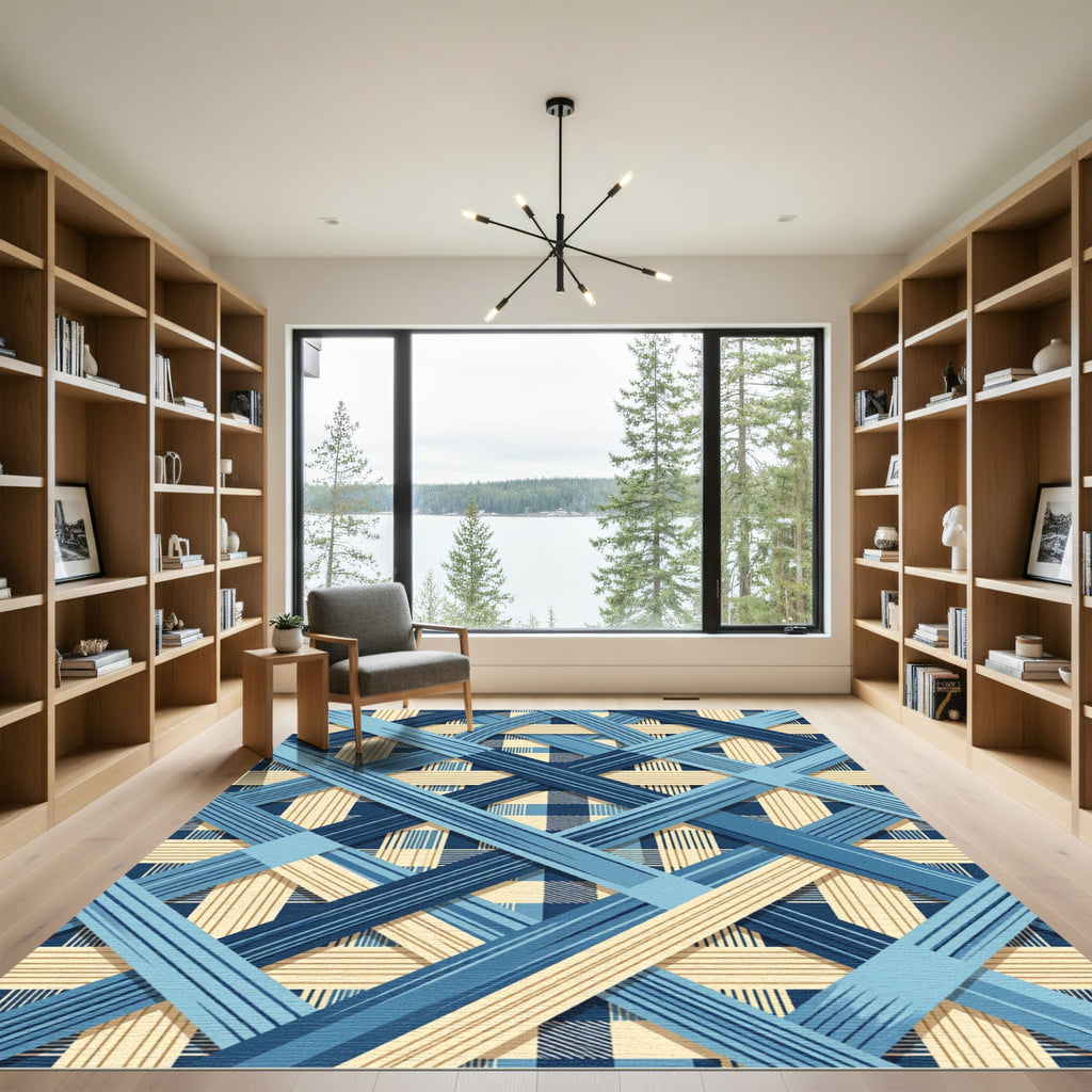 Blue Interwoven Plaid Geometric Rug