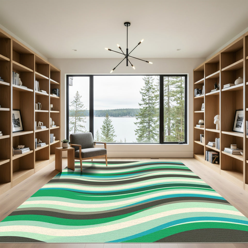Modern Green Teal Wavy Stripe Art Rug