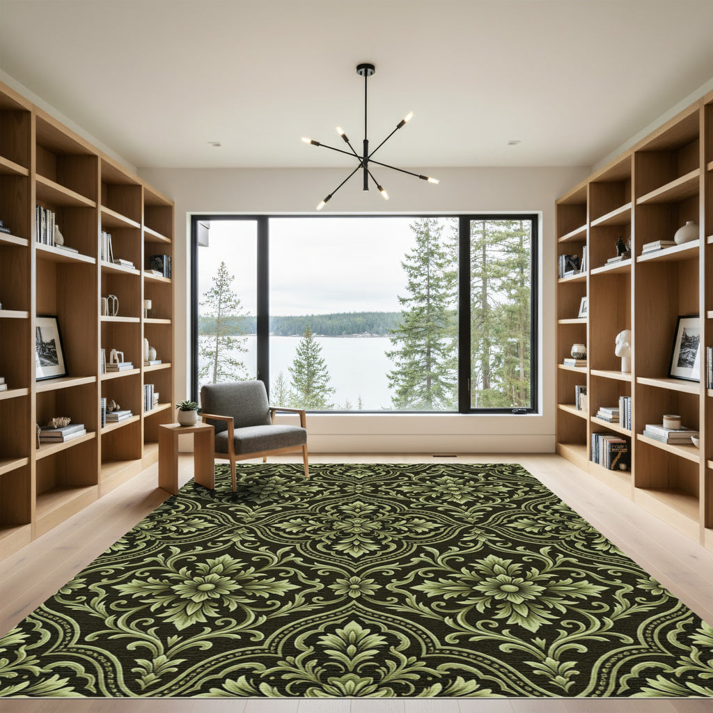 Ornate Green Damask Floral Medallion Rug