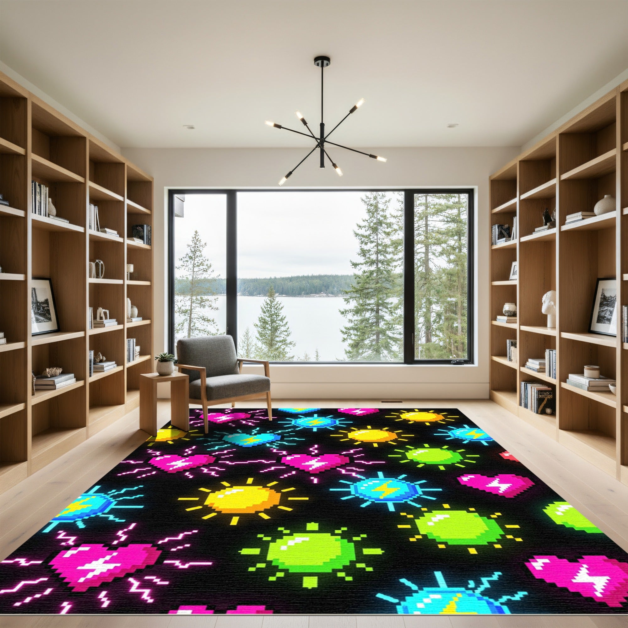 Neon Retro Pixel Heart Lightning Sun Rug