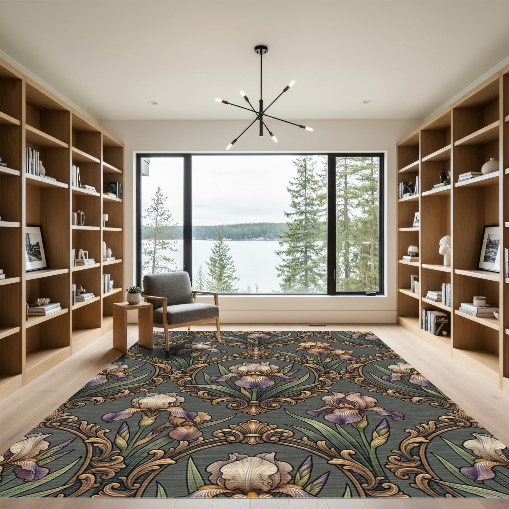Ornate Gold Iris Filigree Floral Charcoal Rug