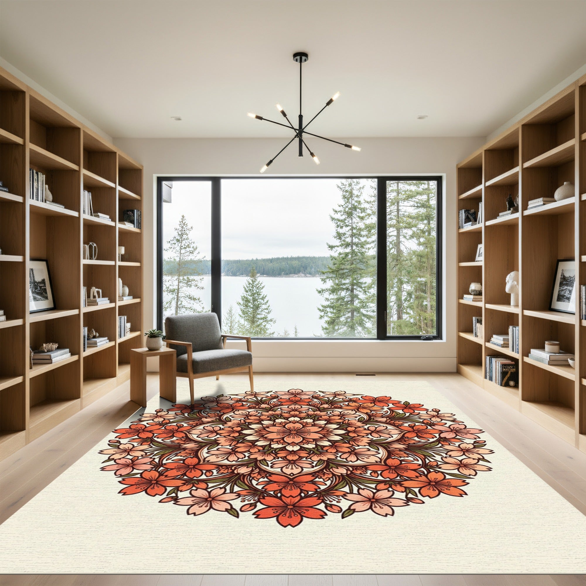 Coral Cherry Blossom Floral Mandala Rug