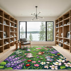 Whimsical Spring Meadow Floral Mouse Scene Rug