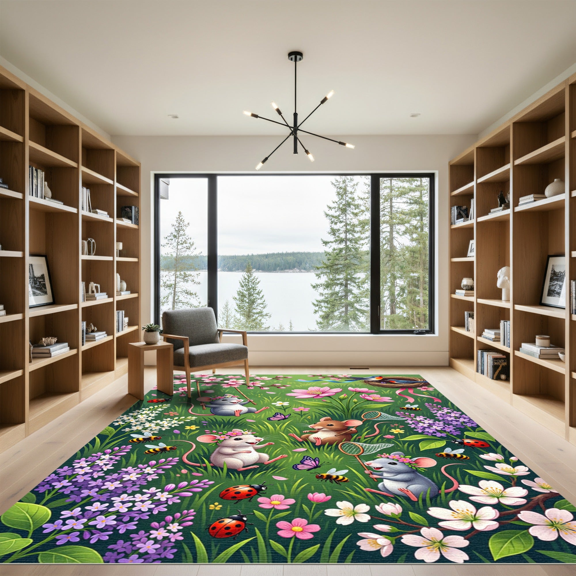Whimsical Spring Meadow Floral Mouse Scene Rug