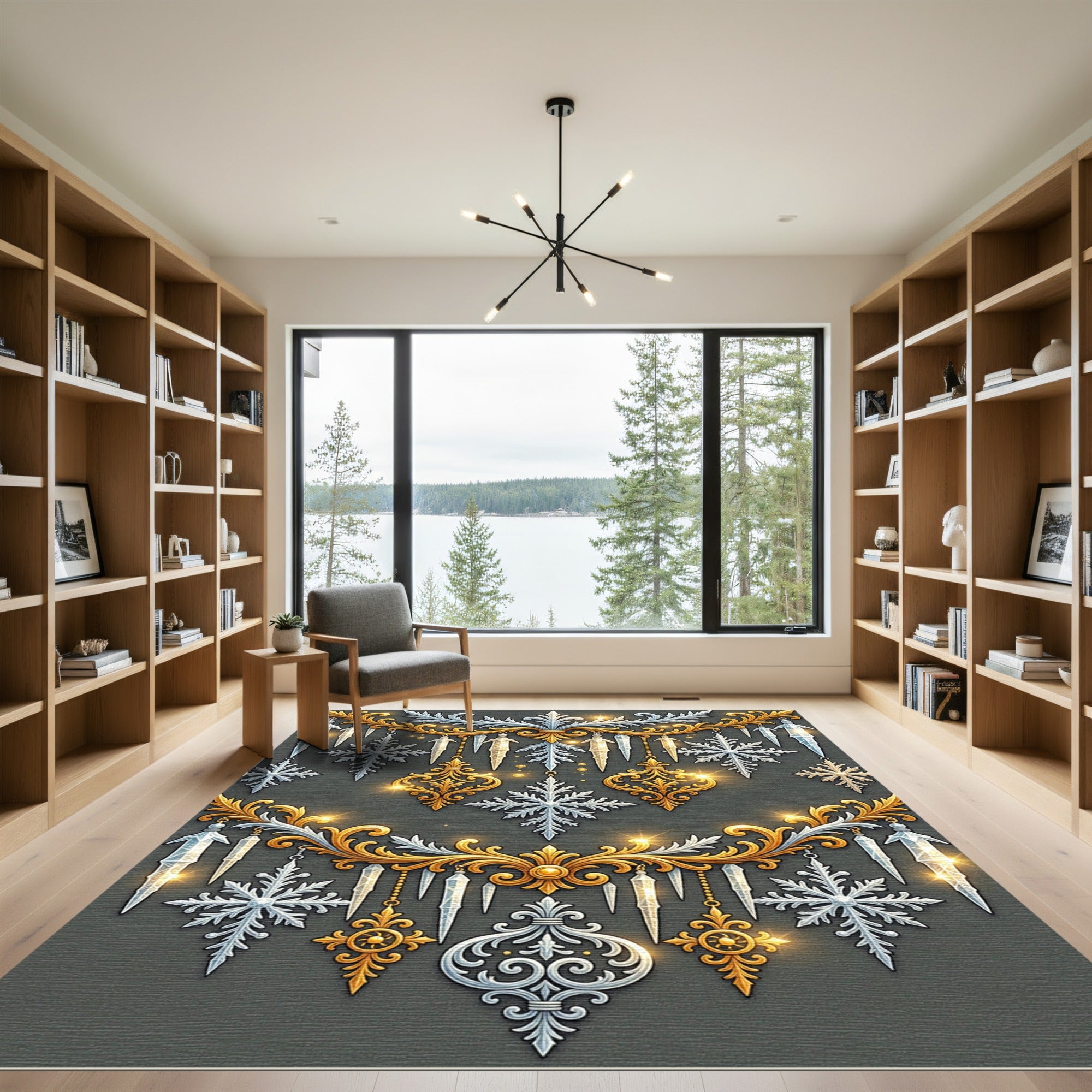 Elegant Metallic Silver Gold Winter Ornament Rug