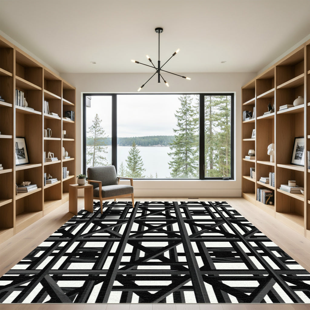 Modern Architectural Grid Industrial Monochrome Rug