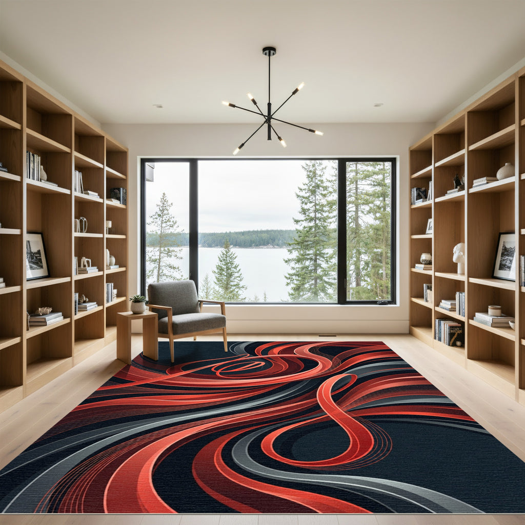 Modern Crimson Abstract Fluid Ribbon Art Rug