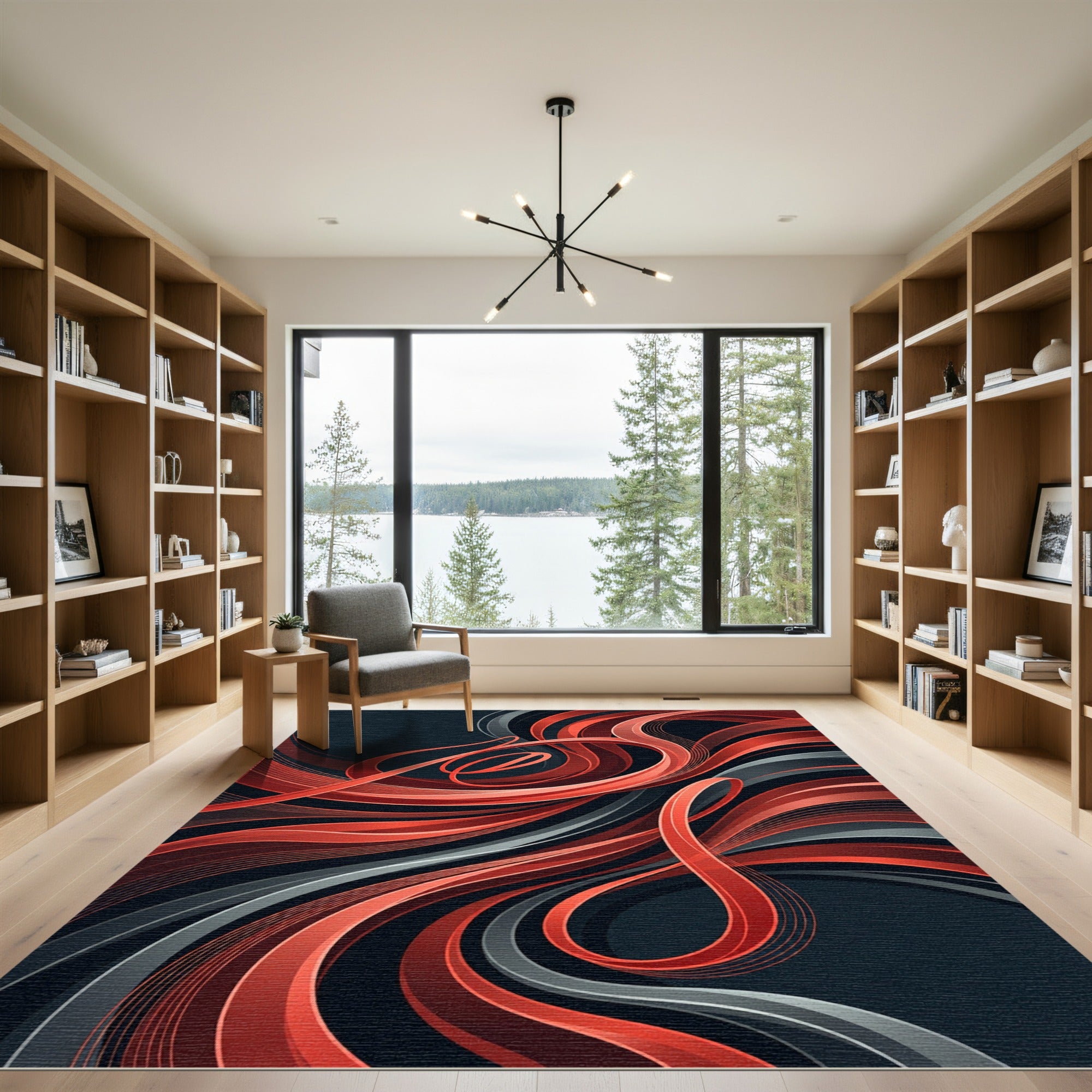 Modern Crimson Abstract Fluid Ribbon Art Rug