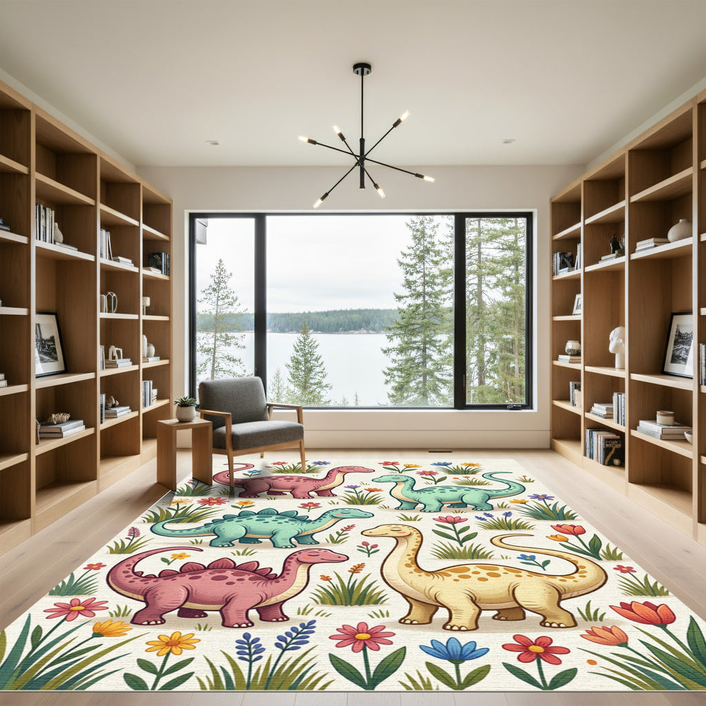 Colorful Pastel Dinosaur Meadow Garden Rug