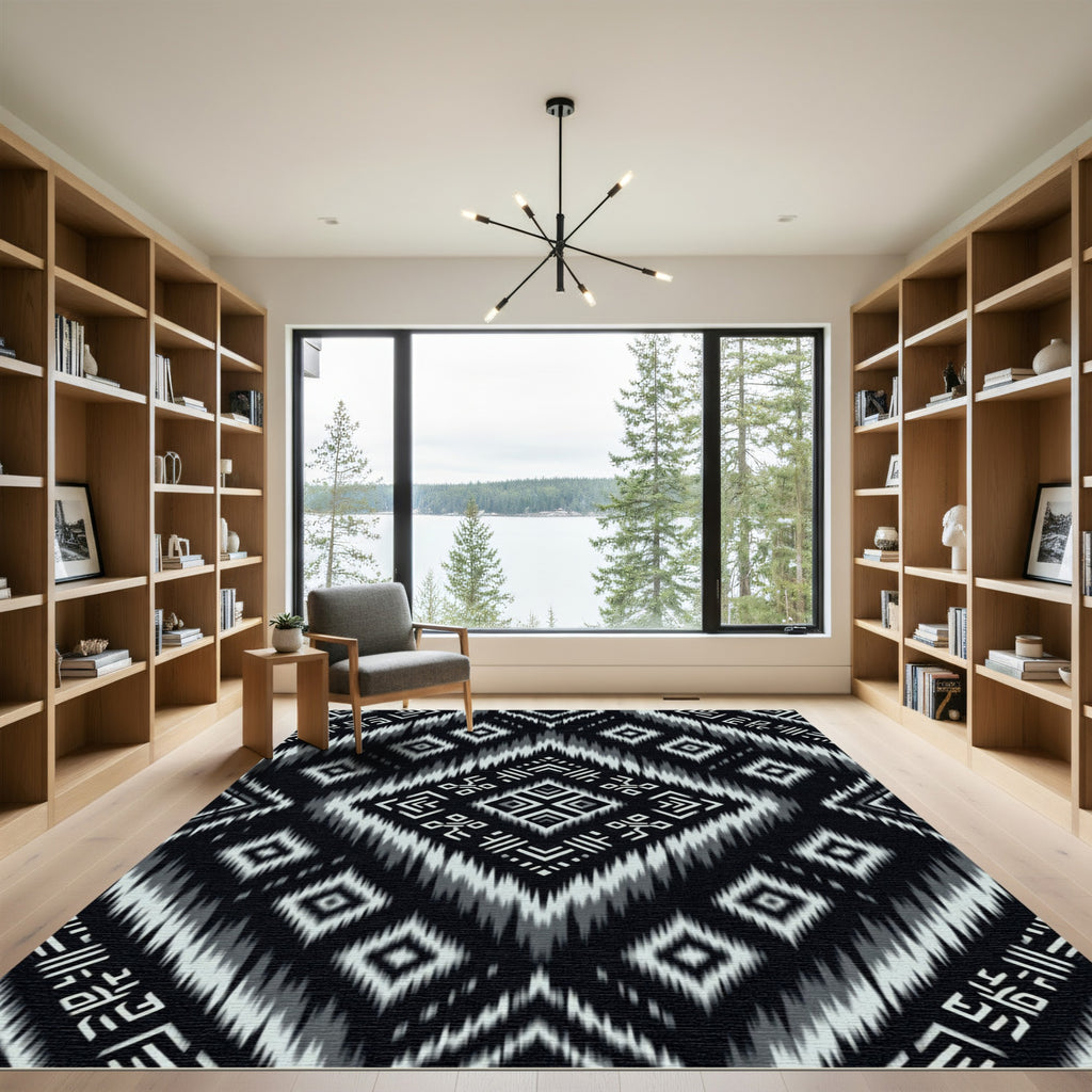 Monochrome Geometric Ikat Diamond Area Rug