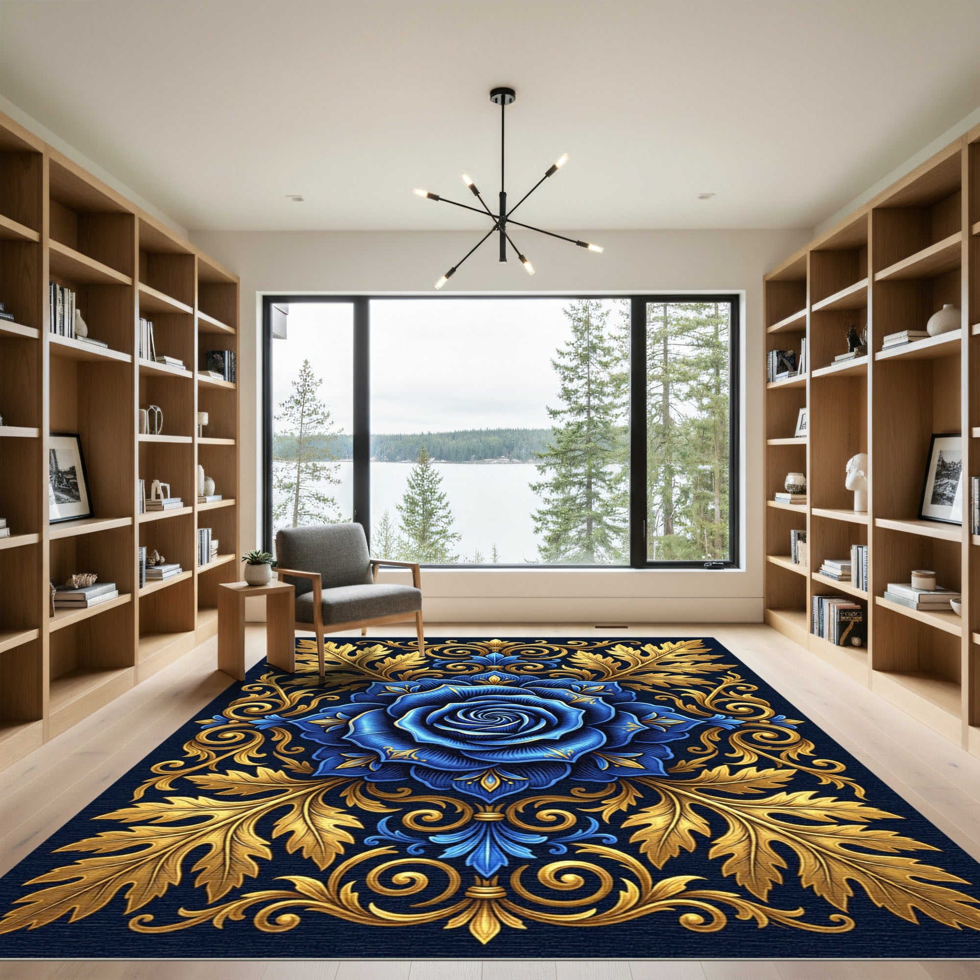 Royal Blue Rose Golden Acanthus Scroll Rug